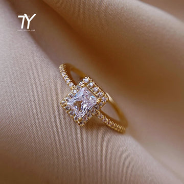 Exquisite Simple Square Zircon Gold Color Open Rings For Woman 2025 Salary Goth Jewelry Wedding Party Girls' Luxury Student Ring