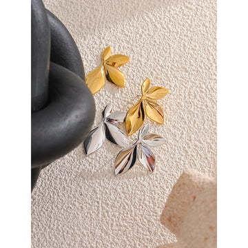 Fashion Stainless Steel Leaves Flower Stud Earrings Bright Anti Allergy Waterproof Charm Texture High Quality Jewelry