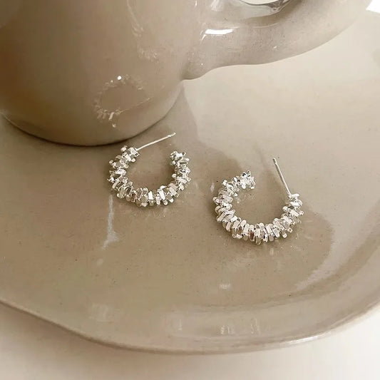 Sparkling Silver Color Starry Star Earrings Irregular Metal C-Shaped Earrings for Women Simple Trendy Jewelry