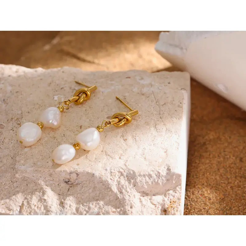 Stainless Steel Natural Pearl Drop Earrings Charm Metal Gold Geometric 18 K Plated Jewelry Boucle. - YH1904A Gold