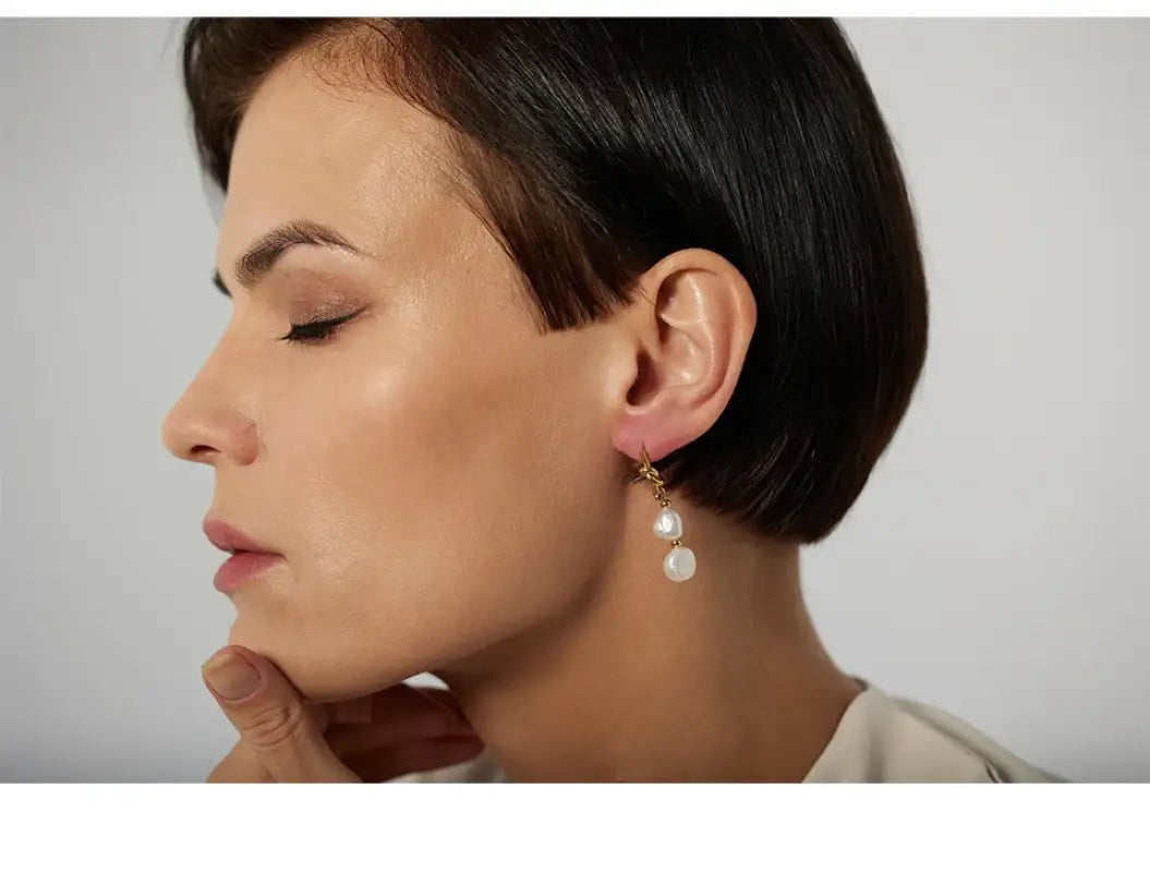 Stainless Steel Natural Pearl Drop Earrings Charm Metal Gold Geometric 18 K Plated Jewelry Boucle. - YH1904A Gold