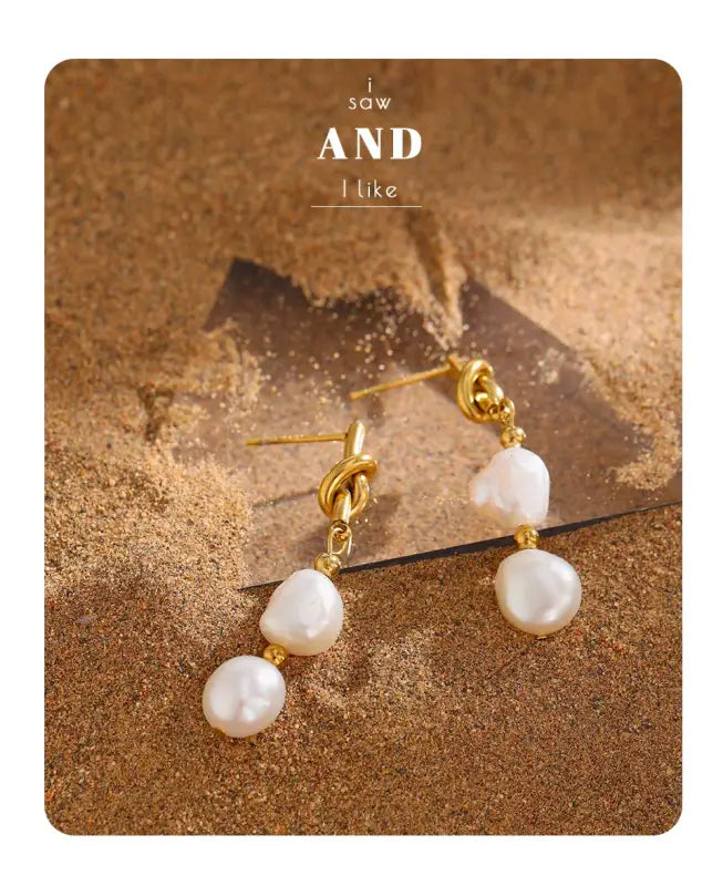 Stainless Steel Natural Pearl Drop Earrings Charm Metal Gold Geometric 18 K Plated Jewelry Boucle. - YH1904A Gold